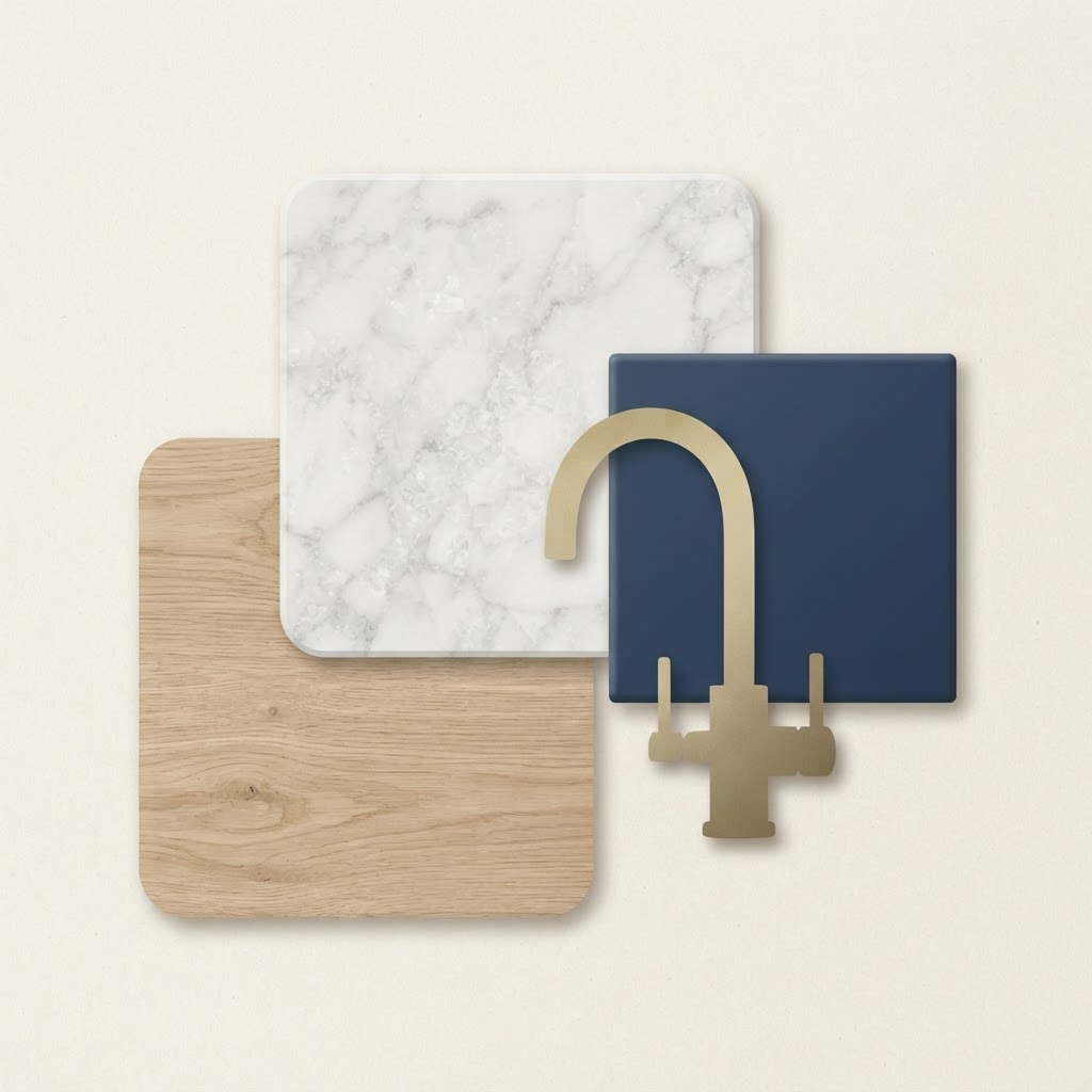 Illustrated material board: marble, light wood, tiling and taps