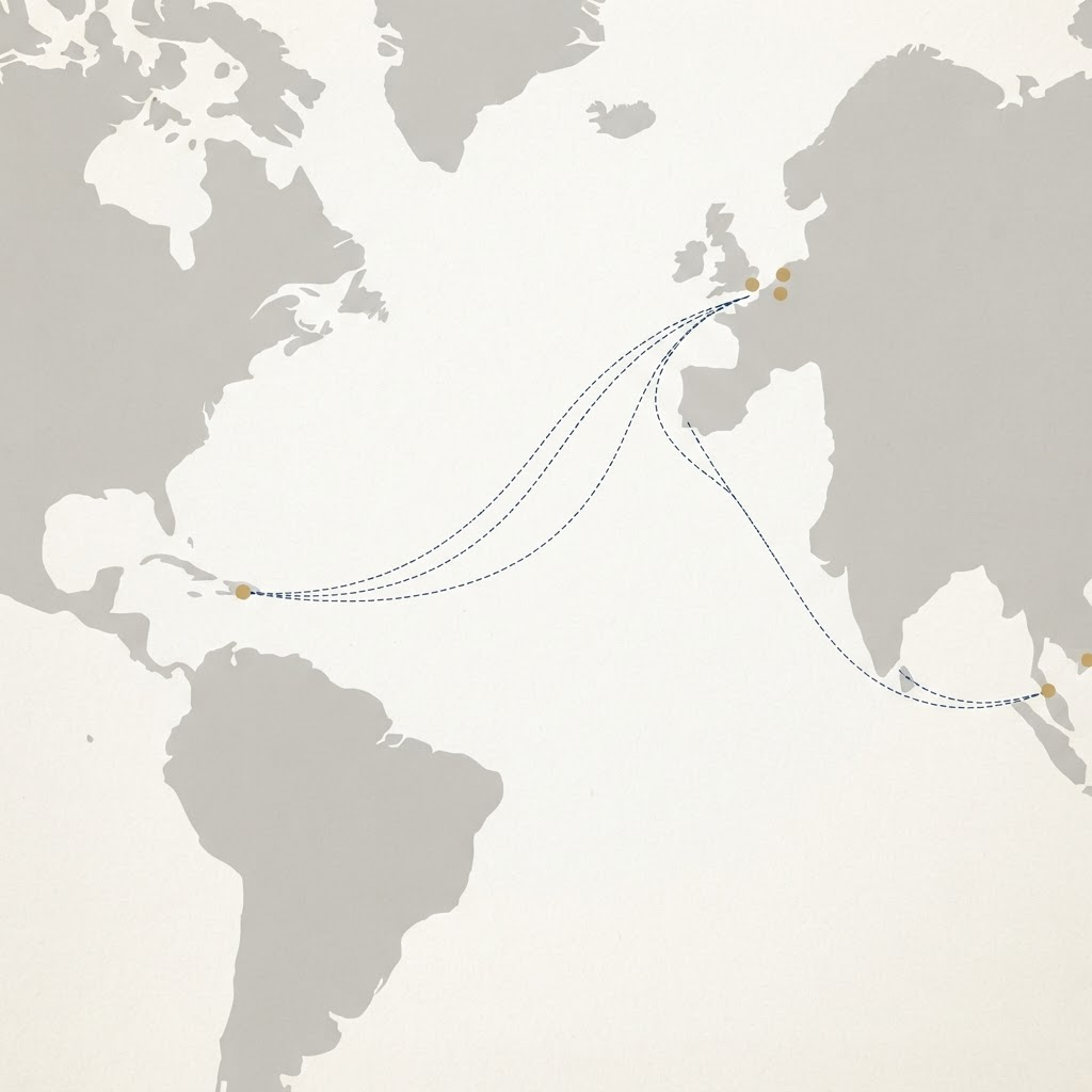 Schematic illustration of supply routes linking Asia and Europe to a Caribbean island